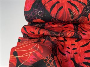 Bomuldsjersey - røde monstera blade og lækker grafik, rest på 70 cm